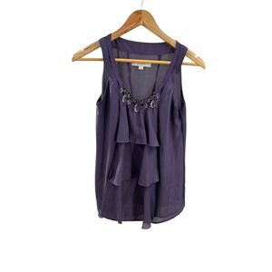 LOFT Women's‎ Small Sleeveless Ruffle Blouse Purple Jewel Neck Top